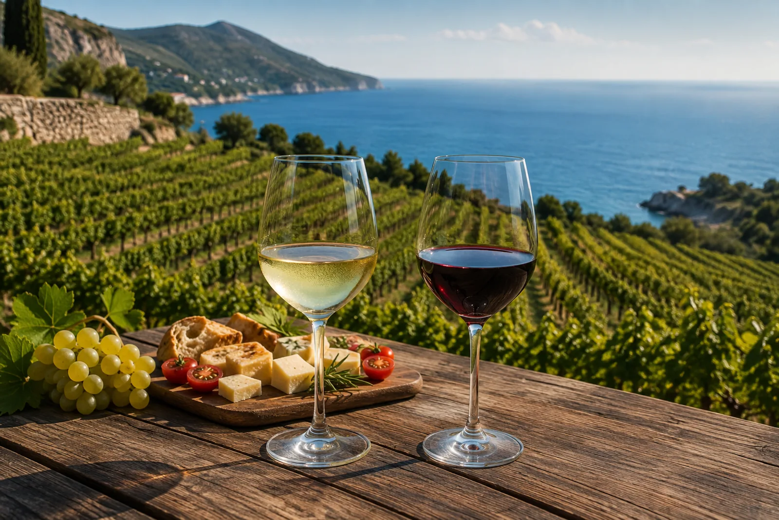 Illustrative image of wine and local food tasting among vineyards overlooking the sea