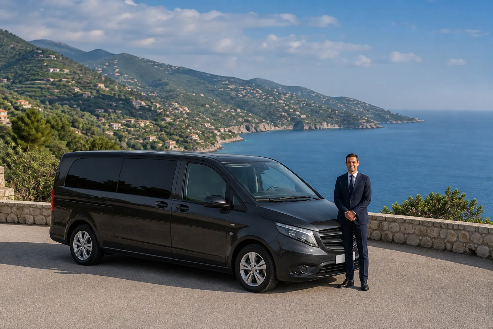 Illustrative image of a van and driver at a scenic coastal stop