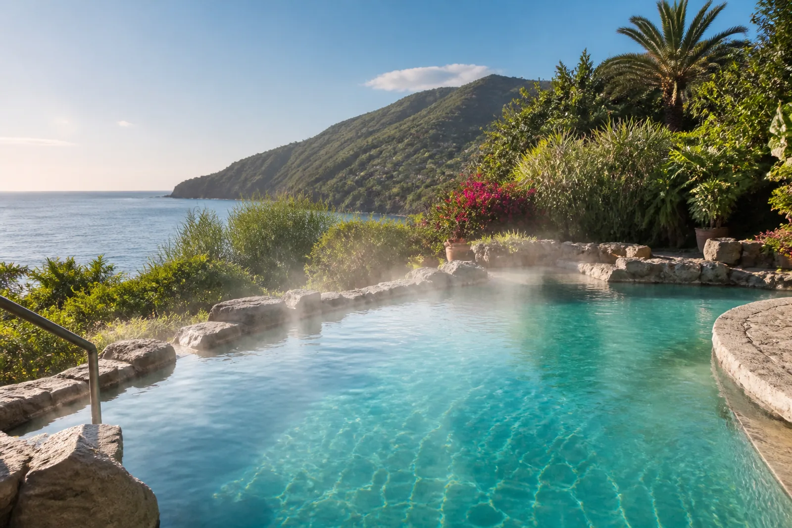 Illustrative image of an outdoor thermal pool surrounded by Mediterranean plants and sea views
